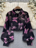 DERMEARNE Spring Autumn Temperament Fashion Retro Chiffon Floral Blouses Print Loose Lapel Puff Sleeve Top Button Up Shirt Female GD611