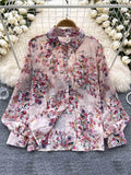 DERMEARNE Spring Autumn Temperament Fashion Retro Chiffon Floral Blouses Print Loose Lapel Puff Sleeve Top Button Up Shirt Female GD611