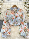 DERMEARNE Spring Autumn Temperament Fashion Retro Chiffon Floral Blouses Print Loose Lapel Puff Sleeve Top Button Up Shirt Female GD611