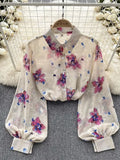 DERMEARNE Spring Autumn Temperament Fashion Retro Chiffon Floral Blouses Print Loose Lapel Puff Sleeve Top Button Up Shirt Female GD611