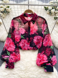 DERMEARNE Spring Autumn Temperament Fashion Retro Chiffon Floral Blouses Print Loose Lapel Puff Sleeve Top Button Up Shirt Female GD611