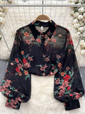 DERMEARNE Spring Autumn Temperament Fashion Retro Chiffon Floral Blouses Print Loose Lapel Puff Sleeve Top Button Up Shirt Female GD611