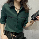 DERMEARNE Spring New Korean Slim Youth Shirt Tops Polo Neck Long Sleeve Striped Patchwork Elegant Blouse Vintage Fashion Women Clothing