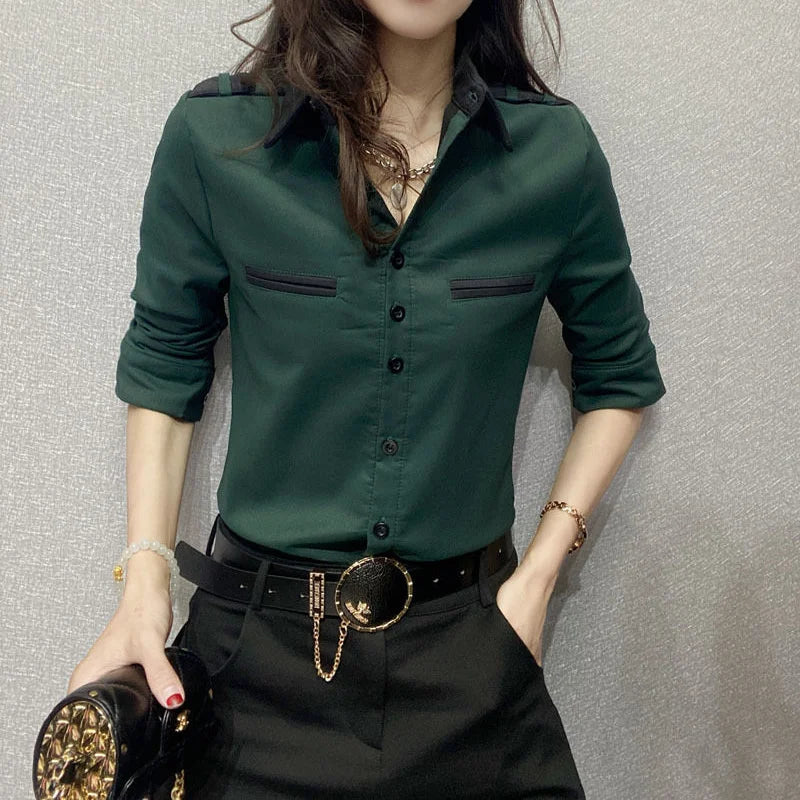 DERMEARNE Spring New Korean Slim Youth Shirt Tops Polo Neck Long Sleeve Striped Patchwork Elegant Blouse Vintage Fashion Women Clothing