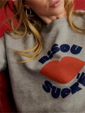 DERMEARNE Spring New Women's Grey Sweatshirt Letters Lip Pattern Printed Long Sleeve Female Pullover Tops Versatile