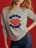 DERMEARNE Spring New Women's Grey Sweatshirt Letters Lip Pattern Printed Long Sleeve Female Pullover Tops Versatile