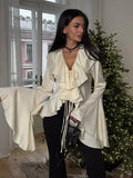 DERMEARNE Spring Ruffles Lace Up Women Loose Shirts Top Elegant V Neck Flare Long Sleeve Blouses 2025 New Female Casual High Street Shirt