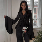 DERMEARNE Spring Ruffles Lace Up Women Loose Shirts Top Elegant V Neck Flare Long Sleeve Blouses 2025 New Female Casual High Street Shirt