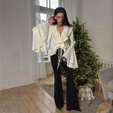 DERMEARNE Spring Ruffles Lace Up Women Loose Shirts Top Elegant V Neck Flare Long Sleeve Blouses 2025 New Female Casual High Street Shirt