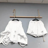 DERMEARNE Spring/Summer Pullovers Sets Women Beggar Hole Loose Oversized Short Sleeve Top and Wide Leg Shorts Fashion Casual Two Piece Set