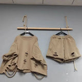 DERMEARNE Spring/Summer Pullovers Sets Women Beggar Hole Loose Oversized Short Sleeve Top and Wide Leg Shorts Fashion Casual Two Piece Set