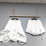 DERMEARNE Spring/Summer Pullovers Sets Women Beggar Hole Loose Oversized Short Sleeve Top and Wide Leg Shorts Fashion Casual Two Piece Set