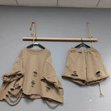 DERMEARNE Spring/Summer Pullovers Sets Women Beggar Hole Loose Oversized Short Sleeve Top and Wide Leg Shorts Fashion Casual Two Piece Set