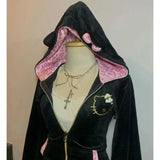 DERMEARNE Streetwear American Harajuku Hoodie Y2K Women Hip Hop Fashion Plush Patchwork Zipper Hoodie Gothic Fashion Sportswear Sweatshirt