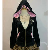 DERMEARNE Streetwear American Harajuku Hoodie Y2K Women Hip Hop Fashion Plush Patchwork Zipper Hoodie Gothic Fashion Sportswear Sweatshirt