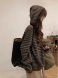 DERMEARNE Stripe Hooded Sweater Women's Y2k Aesthetic Autumn Drawstring Clothing Fashion Casual Streetwear Knitted Oversized Pullovers