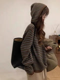 DERMEARNE Stripe Hooded Sweater Women's Y2k Aesthetic Autumn Drawstring Clothing Fashion Casual Streetwear Knitted Oversized Pullovers