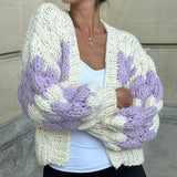 DERMEARNE Stripe Pattern Cropped Cardigans Vintage Lantern Sleeves Knitted Sweater Aesthetic Y2k Knitwear Coat Women Autumn Outwear Street