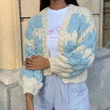 DERMEARNE Stripe Pattern Cropped Cardigans Vintage Lantern Sleeves Knitted Sweater Aesthetic Y2k Knitwear Coat Women Autumn Outwear Street