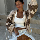 DERMEARNE Stripe Pattern Cropped Cardigans Vintage Lantern Sleeves Knitted Sweater Aesthetic Y2k Knitwear Coat Women Autumn Outwear Street