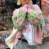 DERMEARNE Stripe Pattern Cropped Cardigans Vintage Lantern Sleeves Knitted Sweater Aesthetic Y2k Knitwear Coat Women Autumn Outwear Street