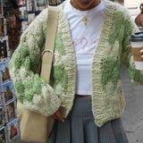 DERMEARNE Stripe Pattern Cropped Cardigans Vintage Lantern Sleeves Knitted Sweater Aesthetic Y2k Knitwear Coat Women Autumn Outwear Street