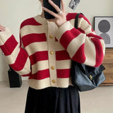 DERMEARNE Striped Knitted Cardigans Women 2025 Autumn Winter Button Up Loose Cardigan Sweaters Woman Korean Style Long Sleeve Knitwear