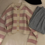 DERMEARNE Striped Knitted Cardigans Women 2025 Autumn Winter Button Up Loose Cardigan Sweaters Woman Korean Style Long Sleeve Knitwear