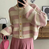 DERMEARNE Striped Knitted Cardigans Women 2025 Autumn Winter Button Up Loose Cardigan Sweaters Woman Korean Style Long Sleeve Knitwear