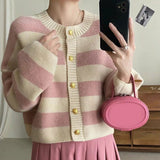 DERMEARNE Striped Knitted Cardigans Women 2025 Autumn Winter Button Up Loose Cardigan Sweaters Woman Korean Style Long Sleeve Knitwear