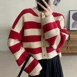 DERMEARNE Striped Knitted Cardigans Women 2025 Autumn Winter Button Up Loose Cardigan Sweaters Woman Korean Style Long Sleeve Knitwear