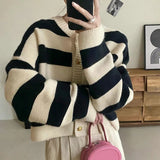 DERMEARNE Striped Knitted Cardigans Women 2025 Autumn Winter Button Up Loose Cardigan Sweaters Woman Korean Style Long Sleeve Knitwear
