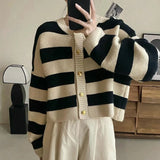 DERMEARNE Striped Knitted Cardigans Women 2025 Autumn Winter Button Up Loose Cardigan Sweaters Woman Korean Style Long Sleeve Knitwear