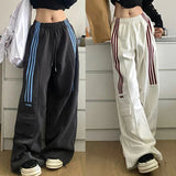 DERMEARNE Striped Sweatpants Women Streetwear Cargo Pants Harajuku Wide Leg Joggers High Waist Baggy Sports Trousers