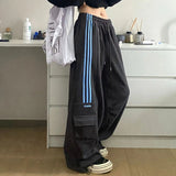DERMEARNE Striped Sweatpants Women Streetwear Cargo Pants Harajuku Wide Leg Joggers High Waist Baggy Sports Trousers