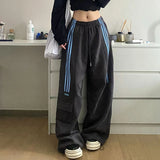DERMEARNE Striped Sweatpants Women Streetwear Cargo Pants Harajuku Wide Leg Joggers High Waist Baggy Sports Trousers