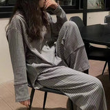DERMEARNE Striped Women's Pajamas Autumn Sleepwear Long Sleeve Pants Sets for Women 2 Pieces Korean Night Wears Fashion Home Suit 2024 New