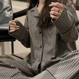 DERMEARNE Striped Women's Pajamas Autumn Sleepwear Long Sleeve Pants Sets for Women 2 Pieces Korean Night Wears Fashion Home Suit 2024 New