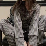 DERMEARNE Striped Women's Pajamas Autumn Sleepwear Long Sleeve Pants Sets for Women 2 Pieces Korean Night Wears Fashion Home Suit 2024 New