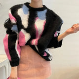 DERMEARNE Sueter Mujer Jumper Oversized Sweater Thick Winter Pullover Contrast Mohai Y2k Clothes Print Knitting Black Sweaters Coat Tops