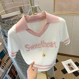 DERMEARNE Summer  American Vintage White Sweater Short Sleeve Polo Shirt College Style Sport Wild Y2K Short Knit Crop Top Women Casual Tee