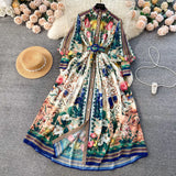DERMEARNE Summer Autumn Holiday Muslims Floral Maxi Chiffon Dresses Shirt Women's Lantern Long Sleeve Belt Print Loose Vestidos Midi Robe