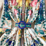 DERMEARNE Summer Autumn Holiday Muslims Floral Maxi Chiffon Dresses Shirt Women's Lantern Long Sleeve Belt Print Loose Vestidos Midi Robe