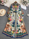 DERMEARNE Summer Autumn Holiday Muslims Floral Maxi Chiffon Dresses Shirt Women's Lantern Long Sleeve Belt Print Loose Vestidos Midi Robe