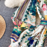 DERMEARNE Summer Autumn Holiday Muslims Floral Maxi Chiffon Dresses Shirt Women's Lantern Long Sleeve Belt Print Loose Vestidos Midi Robe
