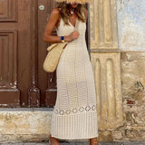 DERMEARNE Summer Elegant V-neck Knitted Long Dress Women Sexy Hollow Out Beach Dress 2025 Casual Sleeveless Solid Loose Cover-ups Dresses