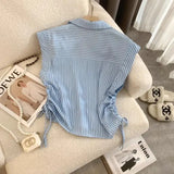 DERMEARNE Summer New Preppy Style Short Blouse Polo Neck Drawstring Lacing Striped Youth Sweet Shirt Tops Fashion Casual Women Clothing