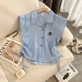 DERMEARNE Summer New Preppy Style Short Blouse Polo Neck Drawstring Lacing Striped Youth Sweet Shirt Tops Fashion Casual Women Clothing