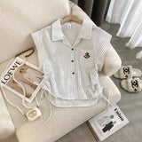 DERMEARNE Summer New Preppy Style Short Blouse Polo Neck Drawstring Lacing Striped Youth Sweet Shirt Tops Fashion Casual Women Clothing