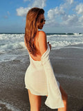 DERMEARNE Summer Seaside Women's Solid Knit Mini Dress 2025 Sexy Backless Bell Sleeve See Through Short Dress Beach Swimsuit Cover Up K98